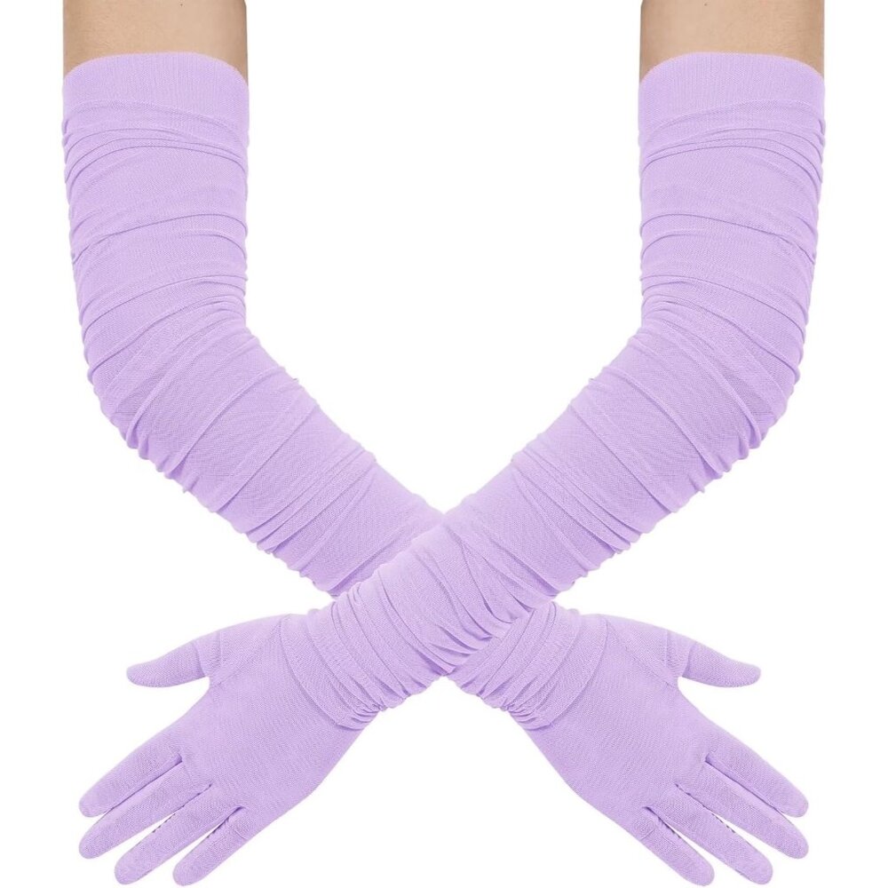 Women's Lavender Stretchy Tulle Spandex Mesh Sheer Satin Long Gloves Party Prom